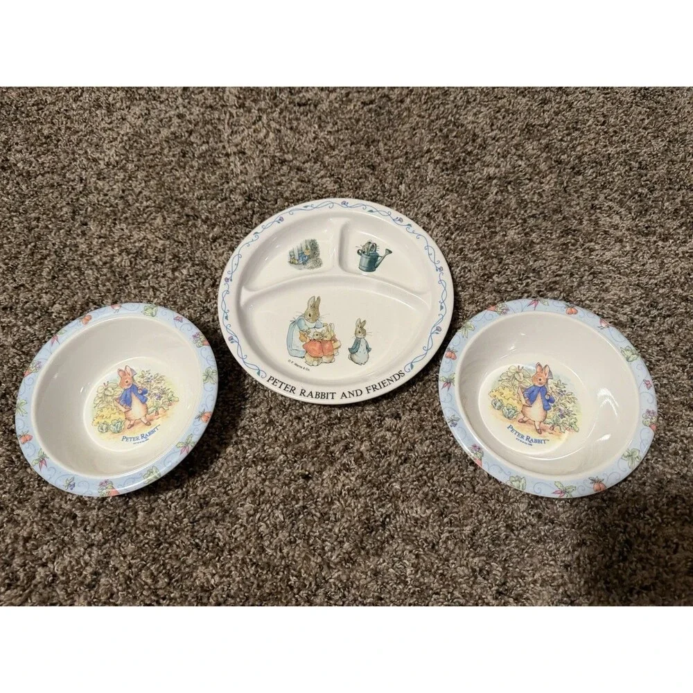 Vintage Peter Rabbit 3 Pc Kids Bowl & Divided Plate Set Beatrix Potter 1996